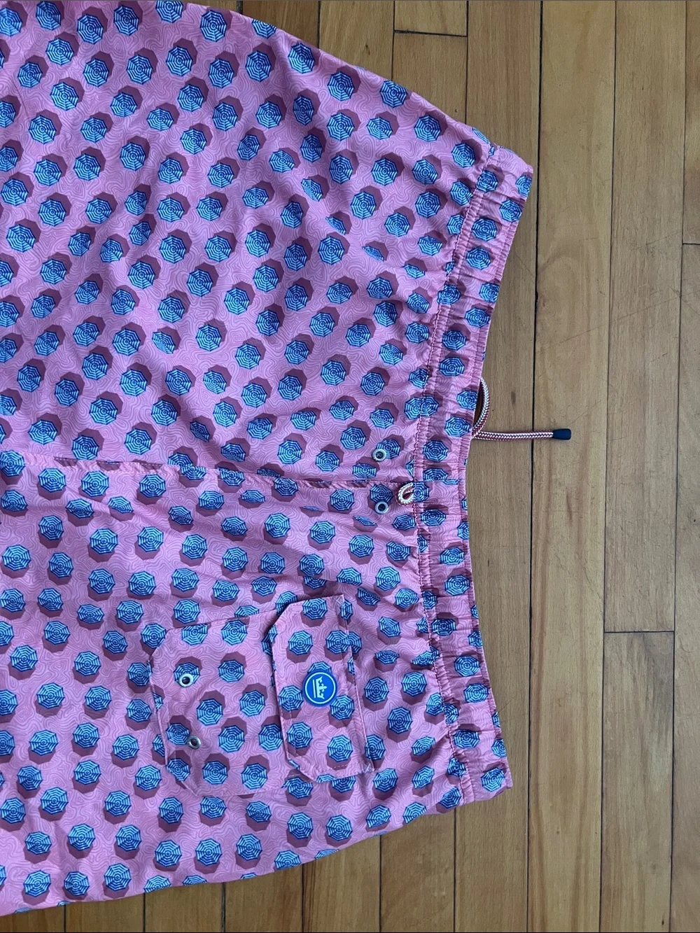 Peter Millar Pink and Navy Geometric Swim Trunks- men XL